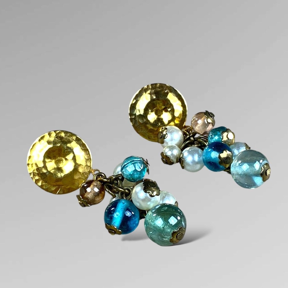 Vintage Boho Cluster Dangle Earrings Blue White Drop Hammered Metal Pierced
